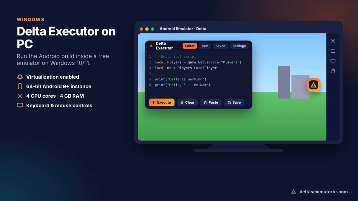 Delta Executor opened inside an Android emulator window on Windows